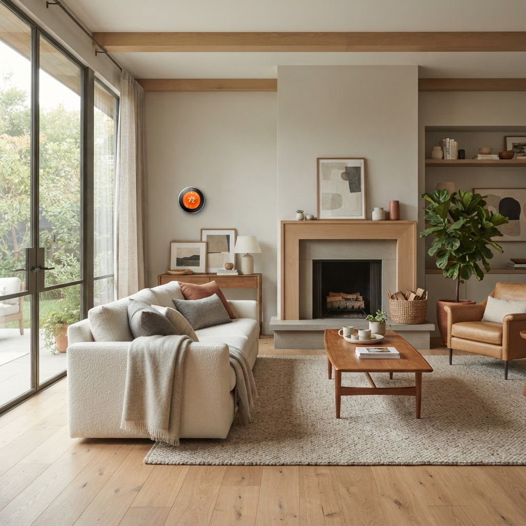 A comfortable, modern living room kept at the perfect temperature